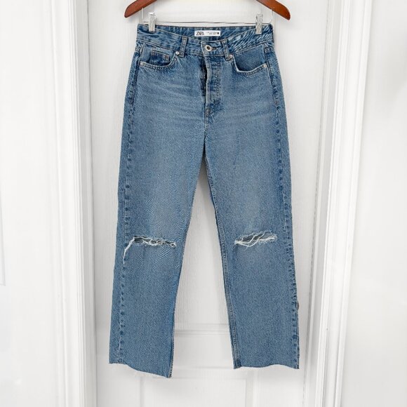 Zara - Button-Fly, Light-Wash Distressed High-Waisted, Straight-Leg Denim Jeans - Picture 1 of 8